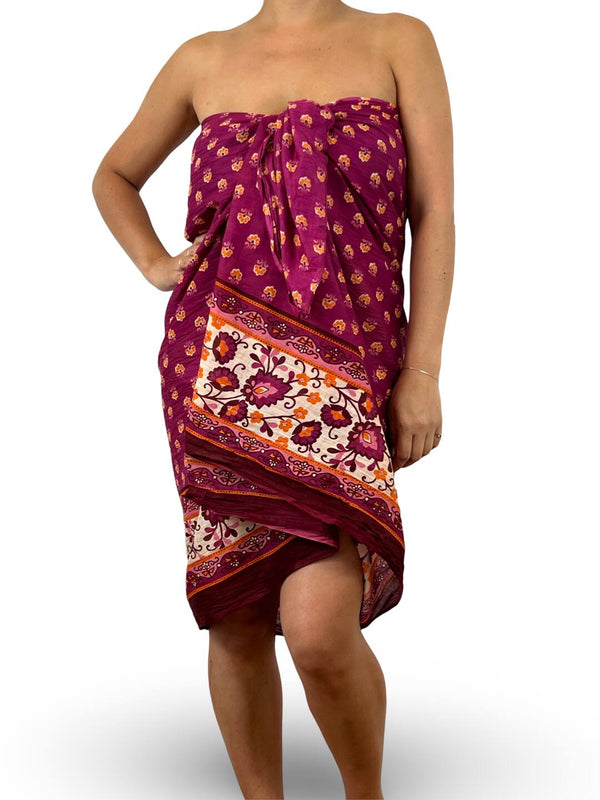 Flower Border Sarong - Syrah